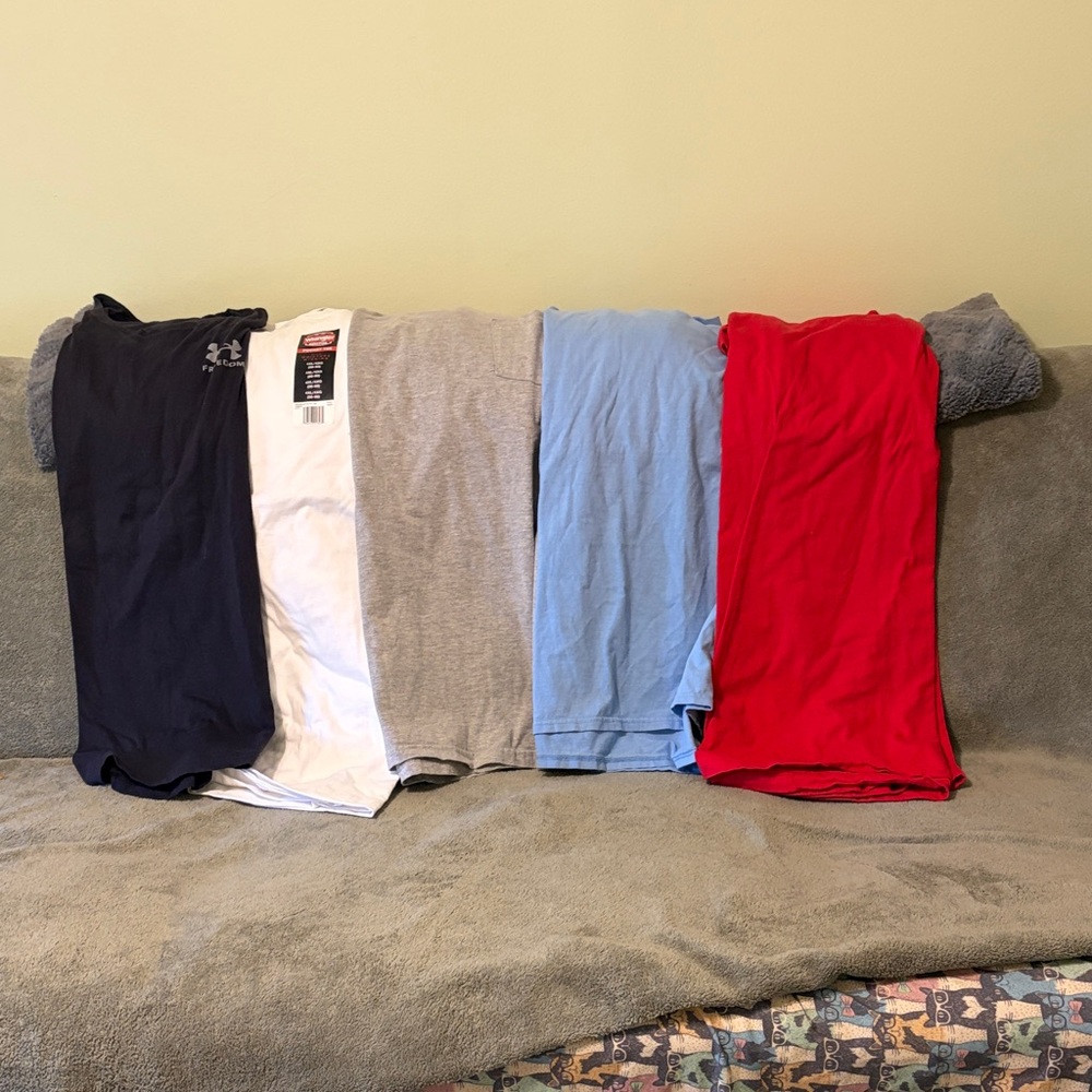 Under Armour Black, wrangle white, grey. Champion Light blue and red t shirts